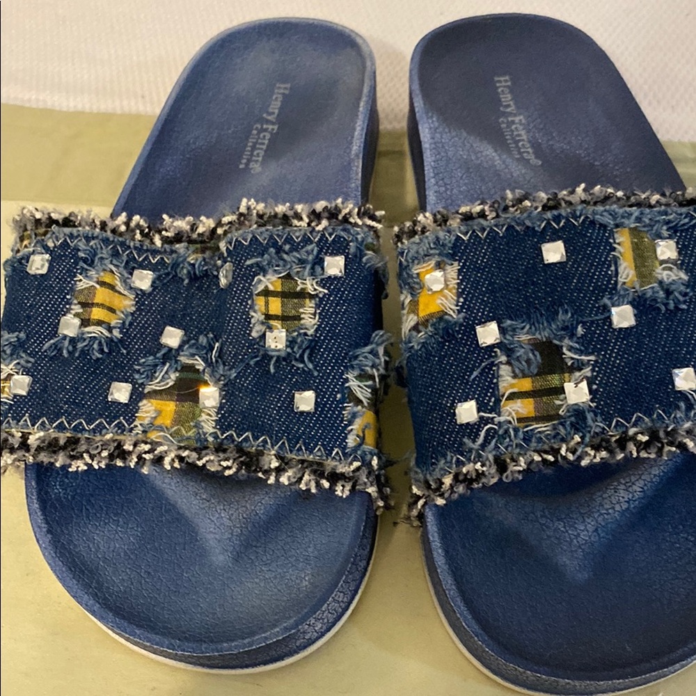 Henry Ferrera Blue Denim Slide Sandals